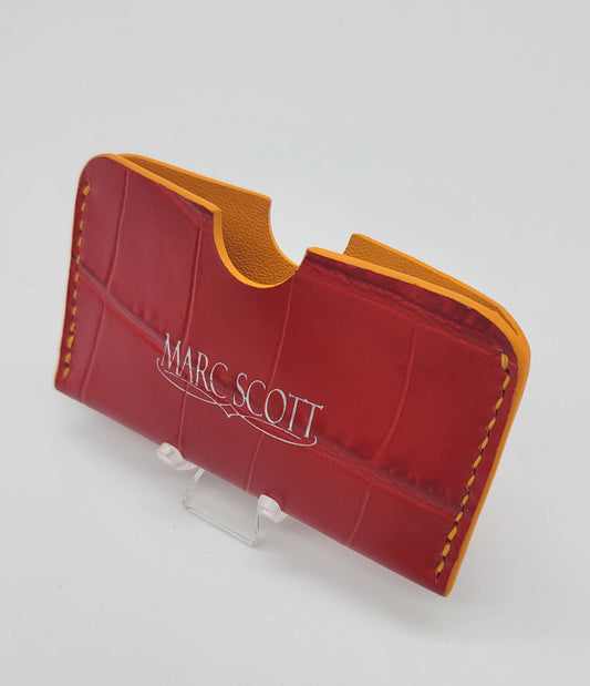 Zab - Card Wallet - Single Slot - Multi-Card Holder - Crocodile Embossed Red/Sun Orange